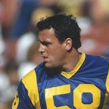 Graphic featuring Mel Owens, showing his current appearance on The Golden Bachelor on the left and a vintage photo from his time with the Rams on the right.